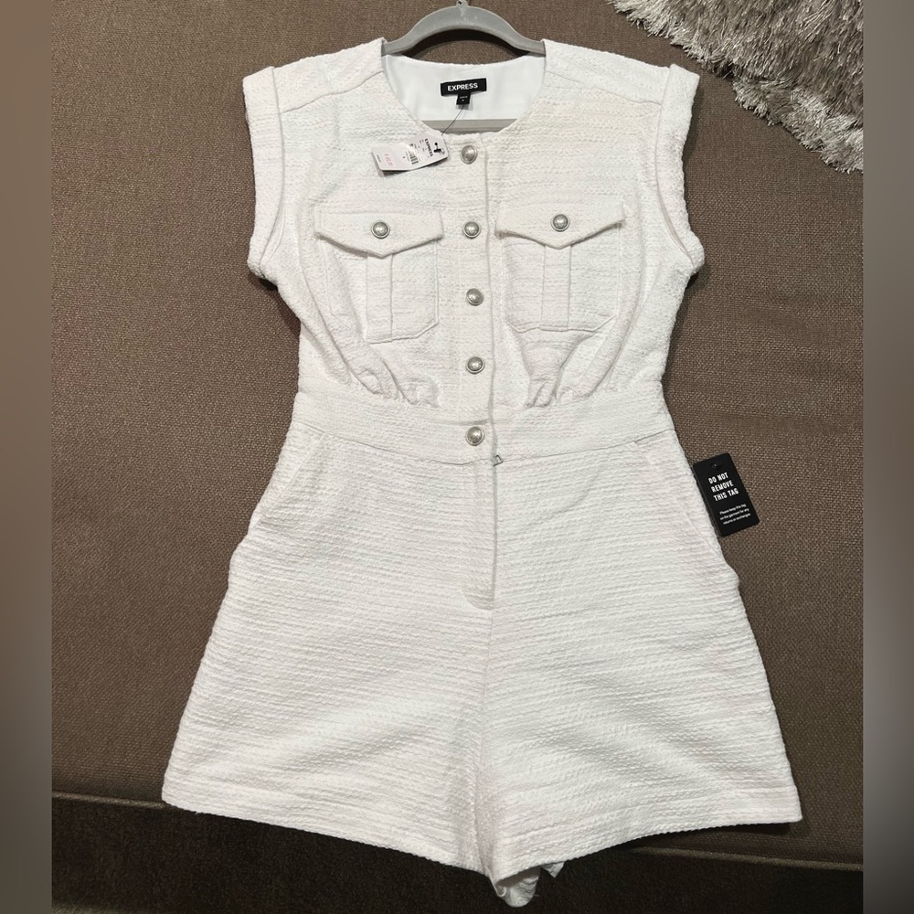 Express White Textured Short Jumpsuit Romper